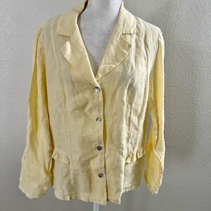 Russ Berens Medium 100% Linen Yellow Button Front Ruffle Accents Top Blouse